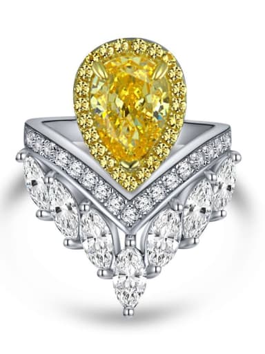 925 Sterling Silver High Carbon Diamond Yellow Crown Luxury Ring