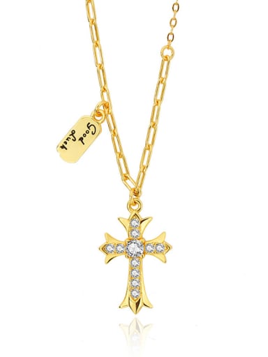 A2901 Gold 925 Sterling Silver Cubic Zirconia Cross Vintage Necklace
