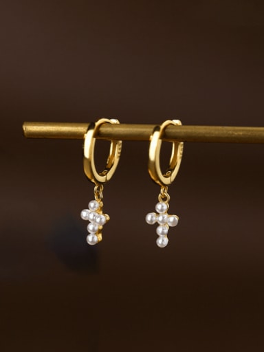 925 Sterling Silver Imitation Pearl Cross Minimalist Huggie Earring