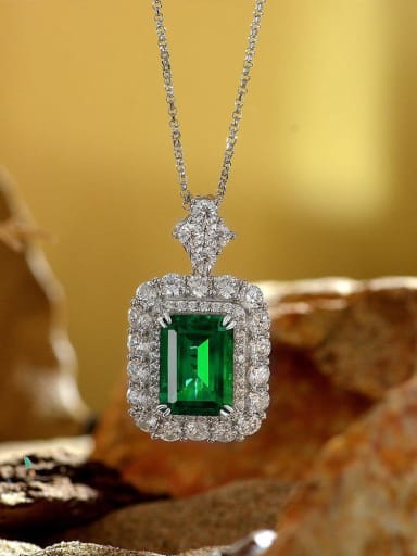 Green [P 1994] 925 Sterling Silver High Carbon Diamond Rectangle Luxury Necklace