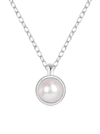 Platinum 925 Sterling Silver Imitation Pearl Geometric Minimalist Necklace