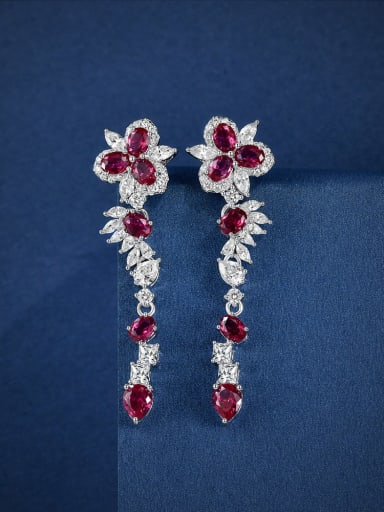 925 Sterling Silver High Carbon Diamond Red Flower Dainty Drop Earring
