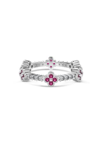 Platinum +Rose Red DY120945 S W BO 925 Sterling Silver Cubic Zirconia Flower Dainty Band Ring