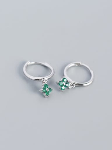 5#Platinum (Green Stone) 925 Sterling Silver Rhinestone White Flower Trend Huggie Earring