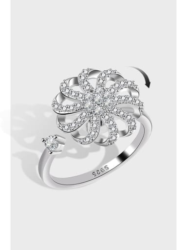 925 Sterling Silver Cubic Zirconia Rotate Flower Hip Hop Band Ring