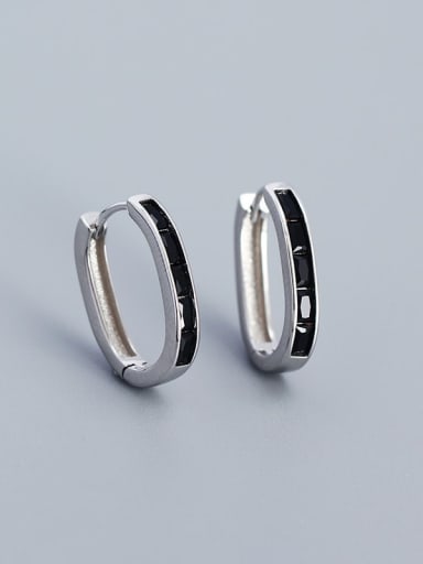 Platinum (black stone) 925 Sterling Silver Cubic Zirconia Geometric Minimalist Huggie Earring