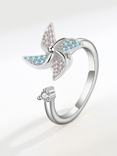 Platinum 925 Sterling Silver Cubic Zirconia Flower Cute Rotating Windmill Band Ring