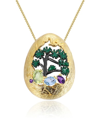 Olivine  Blue Crystal Amethyst Pendant 925 Sterling Silver Natural Stone Tree of Life Vintage  Geometry Pendant Necklace