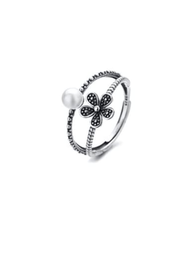 382fj approx. 2.31g 925 Sterling Silver Imitation Pearl Flower Vintage Stackable Ring