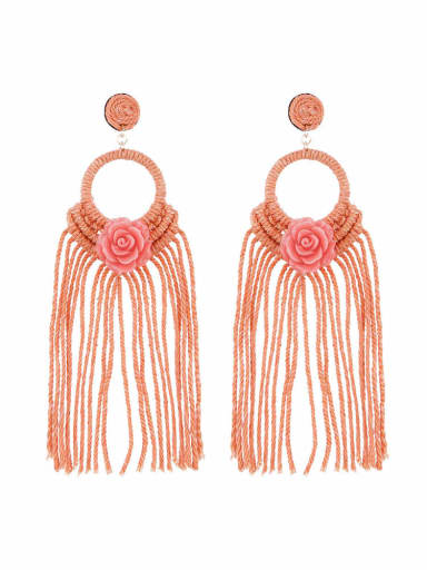 Pink e68739 Alloy Cotton Tassel  FLower bohemian  hand-woven  drop earrings