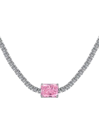 DY190587 S W BF 925 Sterling Silver Cubic Zirconia Pink Geometric Dainty Necklace