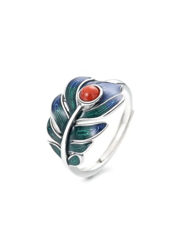 916JM polished approximately 3.3g 925 Sterling Silver Enamel Feather Ethnic Band Ring