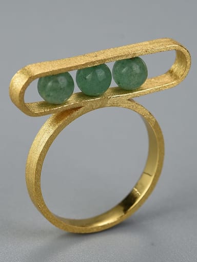 golden 925 Sterling Silver Natural Stone Minimalist Geometric Natural Aventurine Jade Artisan Band Ring