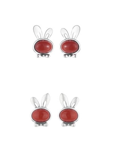 925 Sterling Silver Carnelian Rabbit Vintage Stud Earring