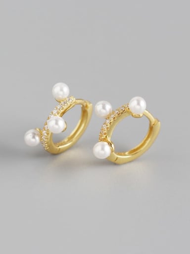 Gold 925 Sterling Silver Imitation Pearl White Geometric Minimalist Huggie Earring