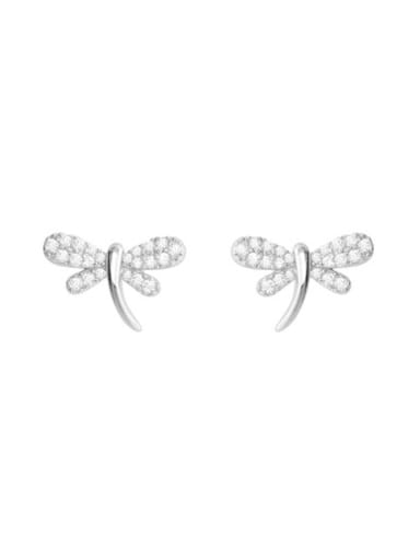 Platinum 925 Sterling Silver Cubic Zirconia Dragonfly Minimalist Stud Earring