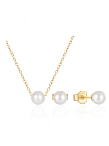 golden 925 Sterling Silver Imitation Pearl Minimalist Round  Earring and Necklace Set