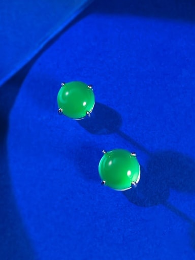 E456 Green Chalcedony [Small 6mm] 925 Sterling Silver Jade Round  Bead Vintage Stud Earring