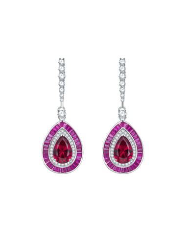 E213 Red 925 Sterling Silver High Carbon Diamond Water Drop Long Luxury Cluster Earring