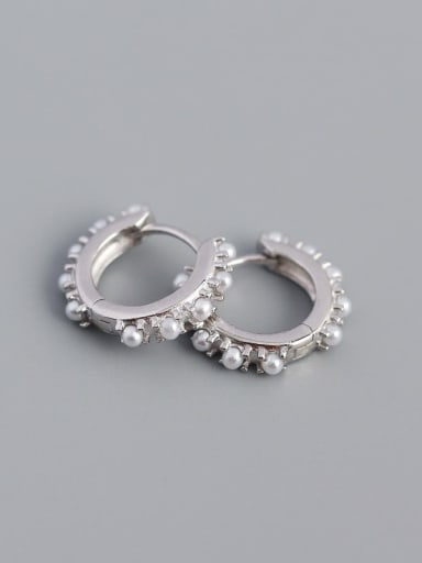 Platinum 925 Sterling Silver Imitation Pearl Geometric Minimalist Huggie Earring