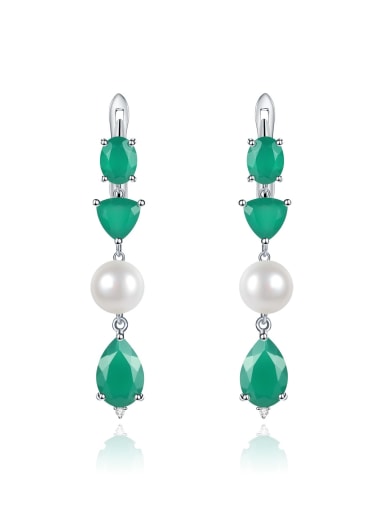 Green Agate Pearl Earrings 925 Sterling Silver Emerald Geometric Vintage Drop Earring