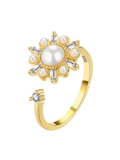 925 Sterling Silver Imitation Pearl Flower Minimalist Rotate  Band Ring