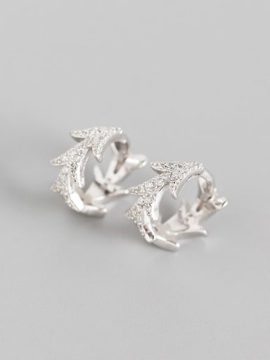 Platinum 925 Sterling Silver Rhinestone White Leaf Trend Huggie Earring