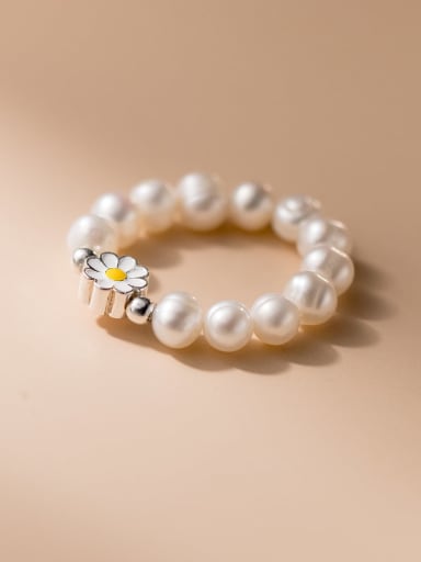 925 Sterling Silver Imitation Pearl Flower Minimalist Bead Ring