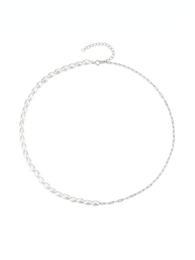 Platinum 925 Sterling Silver Freshwater Pearl Geometric Trend Asymmetrical Chain Necklace