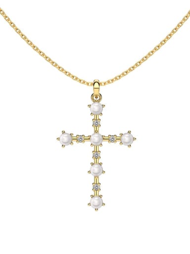Golden DY190717 S G WH 925 Sterling Silver Imitation Pearl Cross Minimalist Regligious Necklace