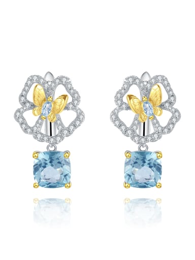 Swiss Blue topA Stone Earrings 925 Sterling Silver Natural  Topaz Flower Luxury Drop Earring