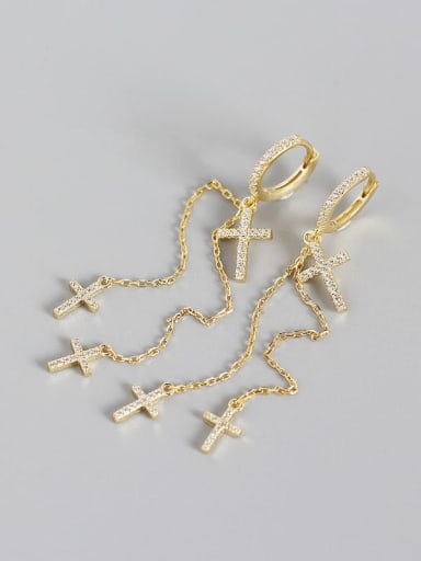 Gold 925 Sterling Silver Cubic Zirconia Cross Minimalist Threader Earring
