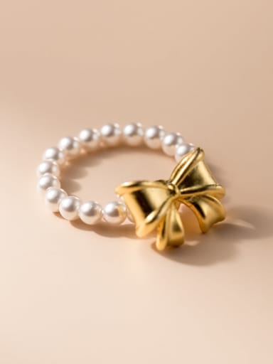 925 Sterling Silver Imitation Pearl Butterfly Minimalist Bead Ring