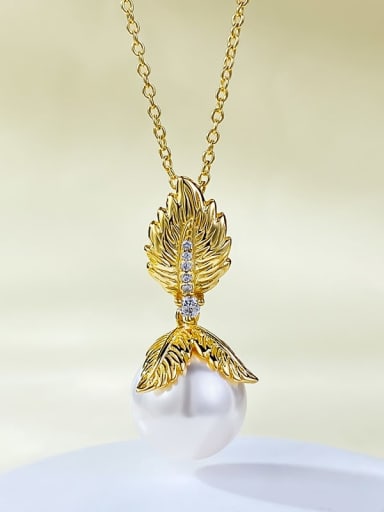 925 Sterling Silver Imitation Pearl Leaf Trend  Golden Leaf Pearl Necklace
