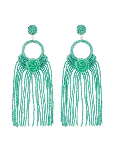 Green e68739 Alloy Cotton Tassel  FLower bohemian  hand-woven  drop earrings
