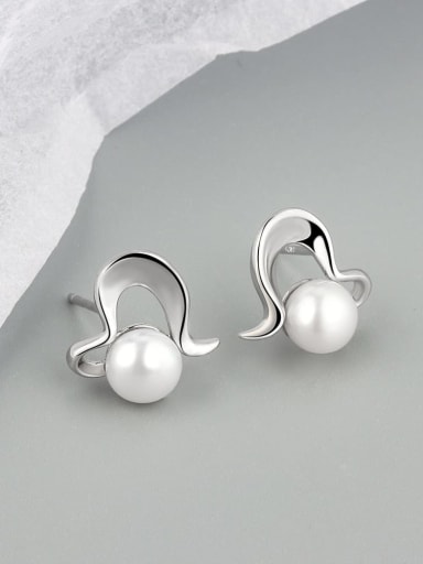 Platinum 925 Sterling Silver Imitation Pearl Irregular Minimalist Stud Earring