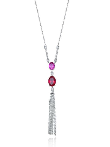 925 Sterling Silver High Carbon Diamond Red Tassel Luxury Lariat Necklace