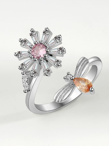 Platinum gold (pink) 925 Sterling Silver Cubic Zirconia Flower Minimalist Band Ring