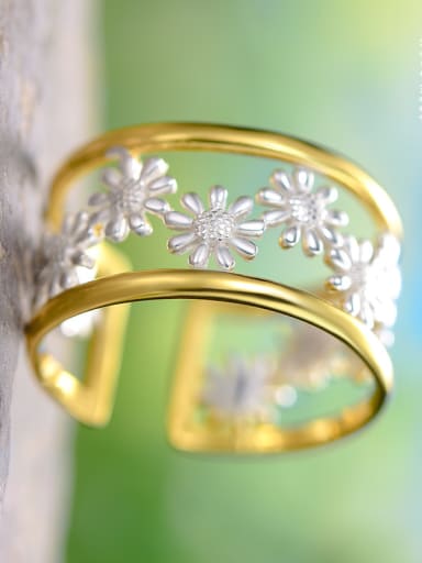Gold Framed silver flower 925 Sterling Silver Small fresh and more chrysanthemum natural fresh design Dainty Band Ring