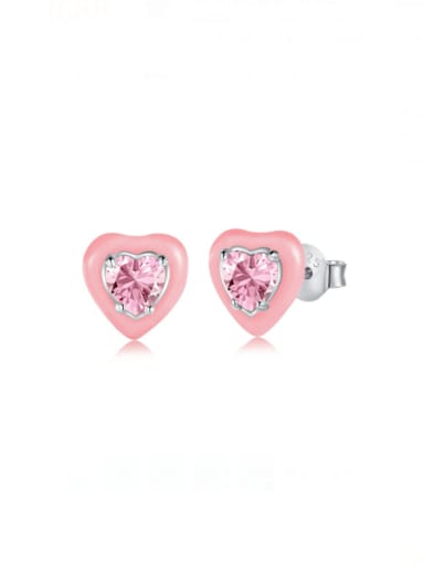 DY1D0215 S W PK 925 Sterling Silver Cubic Zirconia Enamel Heart Cute Stud Earring