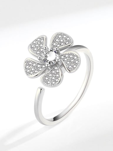 Platinum 925 Sterling Silver Cubic Zirconia Rotating Flower Cute Band Ring