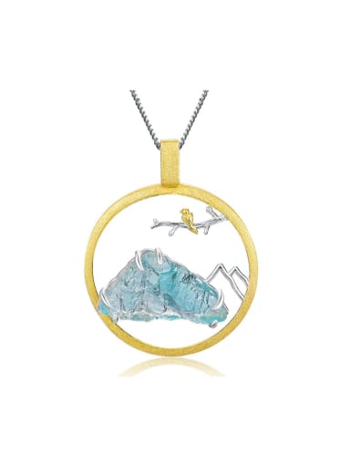 925 Sterling Silver Ancient style bird singing and floral fragrance aquamarine rough stone Artisan Pendant