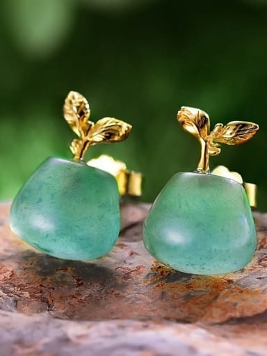 golden 925 Sterling Silver Natural Stone Grass sprouting aventurine Artisan Stud Earring