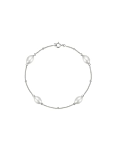 Platinum 925 Sterling Silver Imitation Pearl Geometric Minimalist Link Bracelet