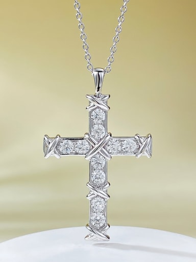 N384 Platinum [Distribution Chain] 925 Sterling Silver Cubic Zirconia Cross Vintage Regligious Necklace