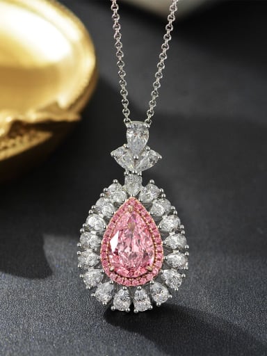 925 Sterling Silver High Carbon Diamond Pink Water Drop Luxury Necklace