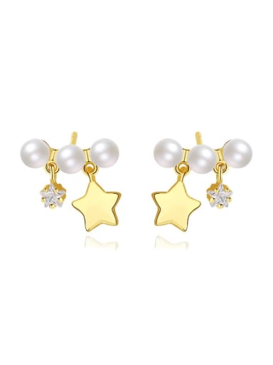 925 Sterling Silver Imitation Pearl Pentagram Minimalist Stud Earring