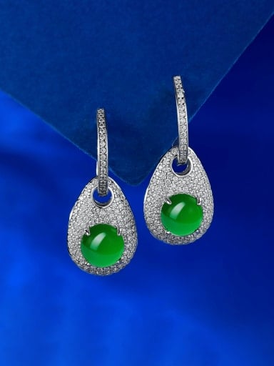 E513 Green Chalcedony 925 Sterling Silver Cubic Zirconia Water Drop Luxury Cluster Earring