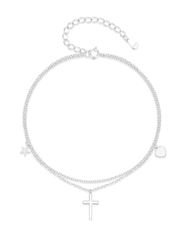 925 Sterling Silver Double Layer Chain Minimalist  Cross Pendant Anklet