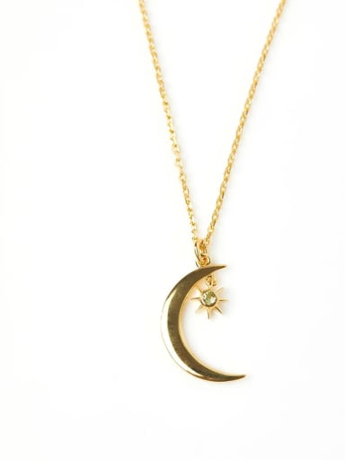 Golden Color, Olive Green Stone 925 Sterling Silver Moon Necklace